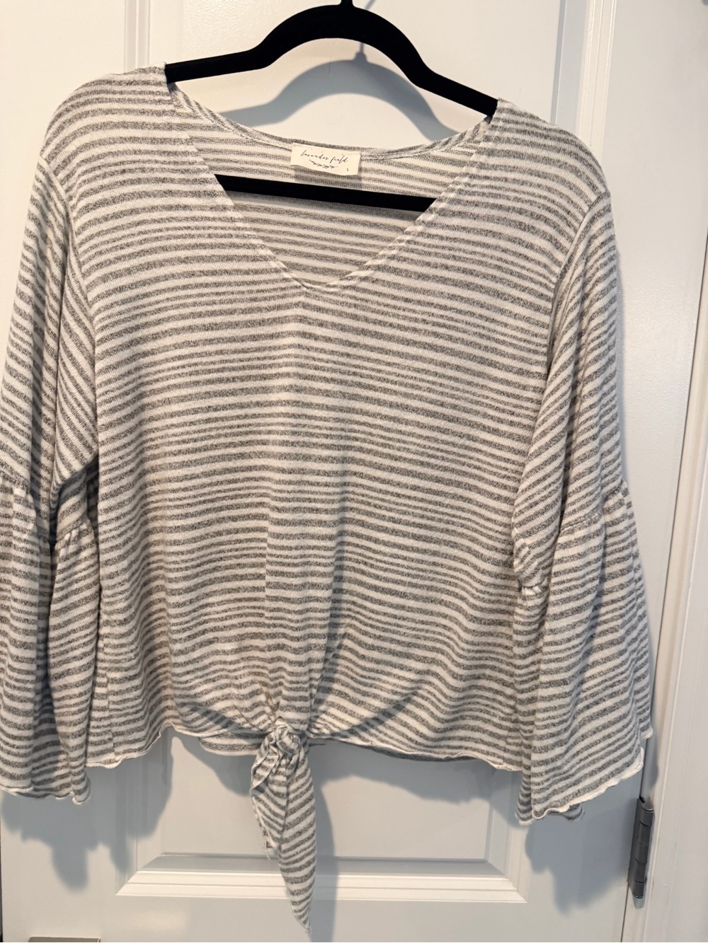 lavender field Gray & White Striped Tie-Front V-Neck Top